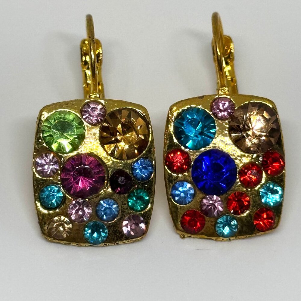 Bright multi color crystal earrings, gold tone, great vintage